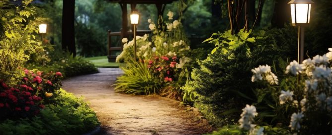 Pathway garden lighting with flowers and a gazebo at night